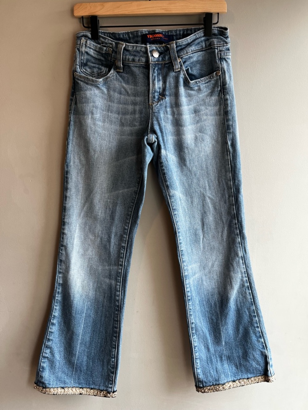 Vigoss Premium Light Blue Flare Jeans With Metallic Hem Size 7/8